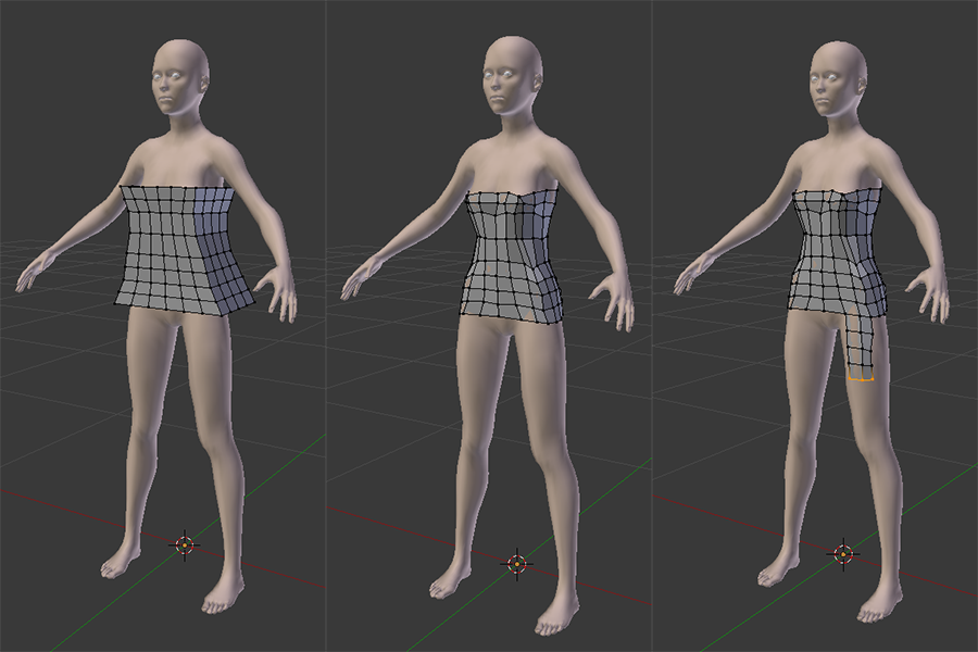 A box positioned around the body with new loops added and scaled to the rough shape of the torso, then Shrinkwrapped and extruded to start covering the legs.
