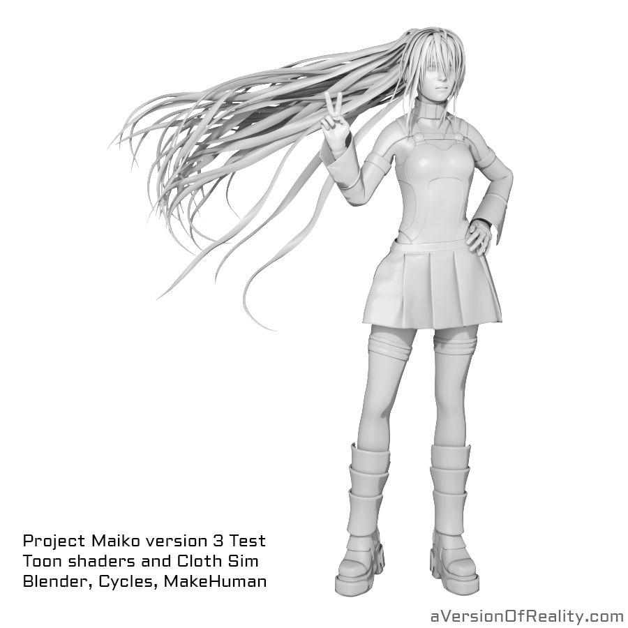 Quick pose and clay shader test with a Wind forcefield on the hair. Bangs settings need more work to look right with the wind.
