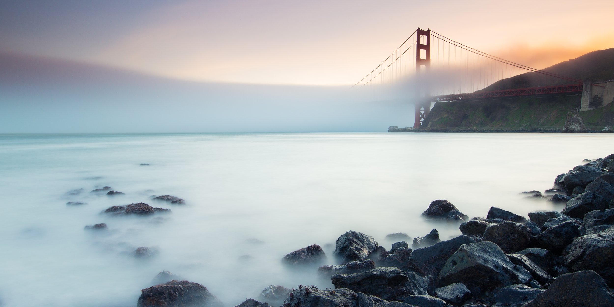 golden gate fog karl sausalito sunset rock seascape