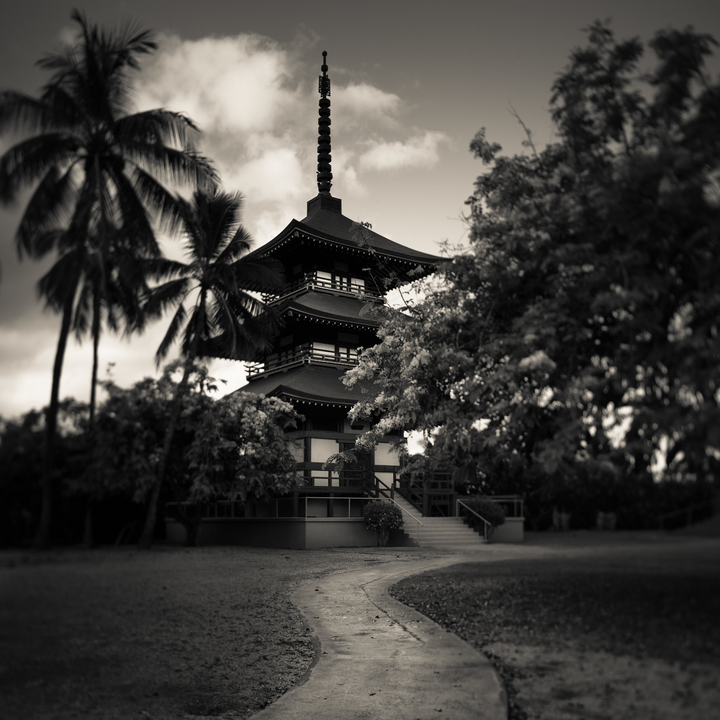 Maui Lahaina Jodo temple black white buddhist pagoda japanese