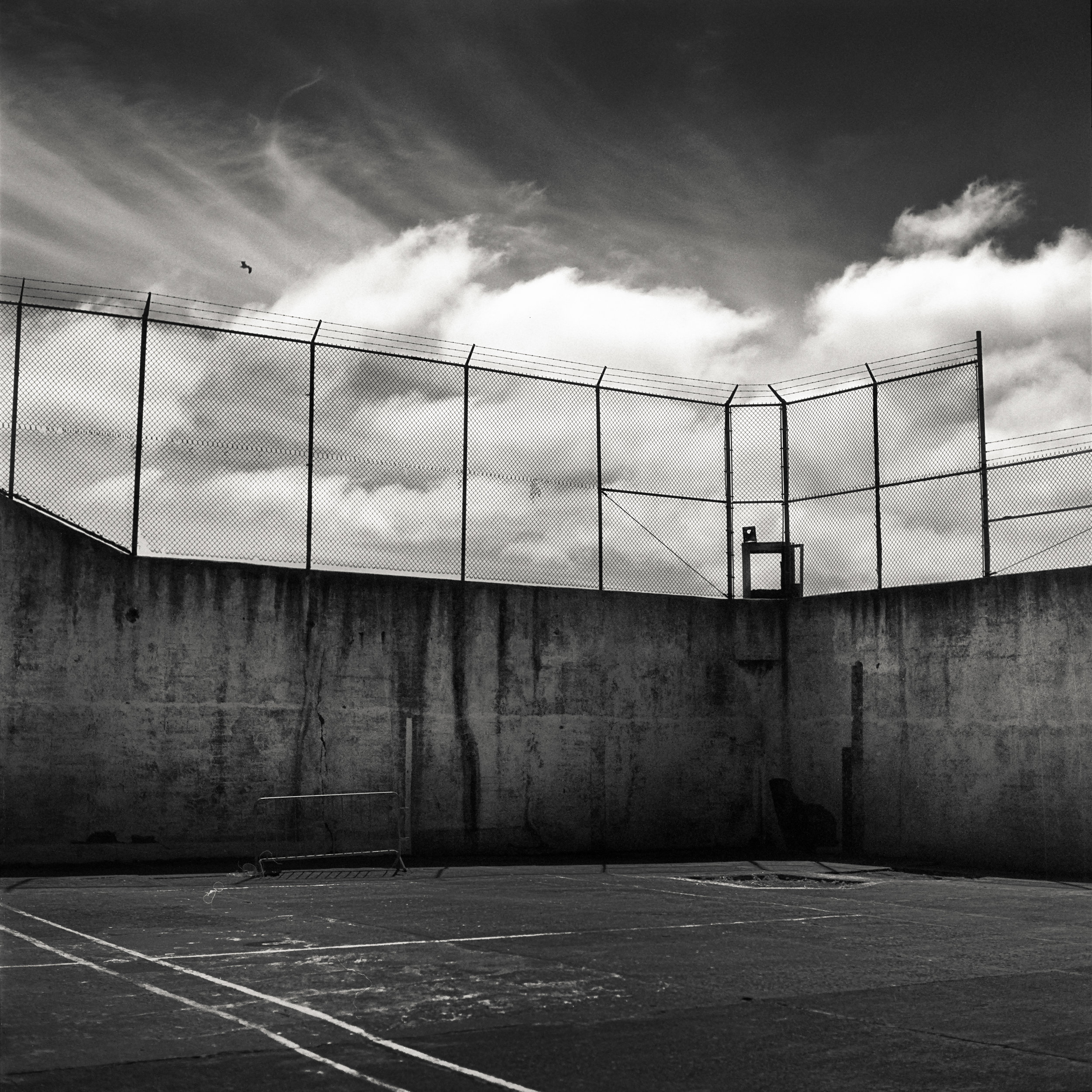 Alcatraz black white prison yard decay