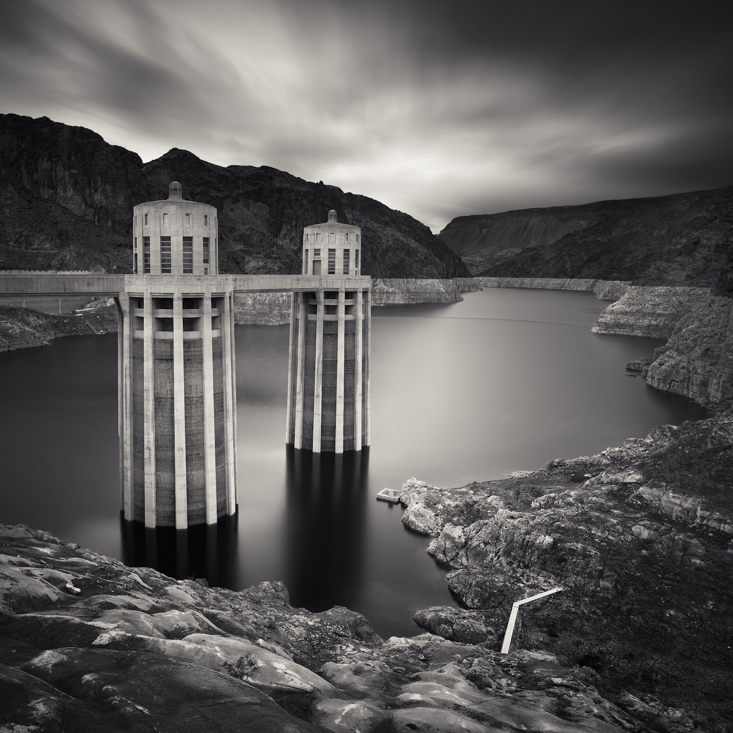 Hoover Dam Lake Mead black white reservoir towers clouds