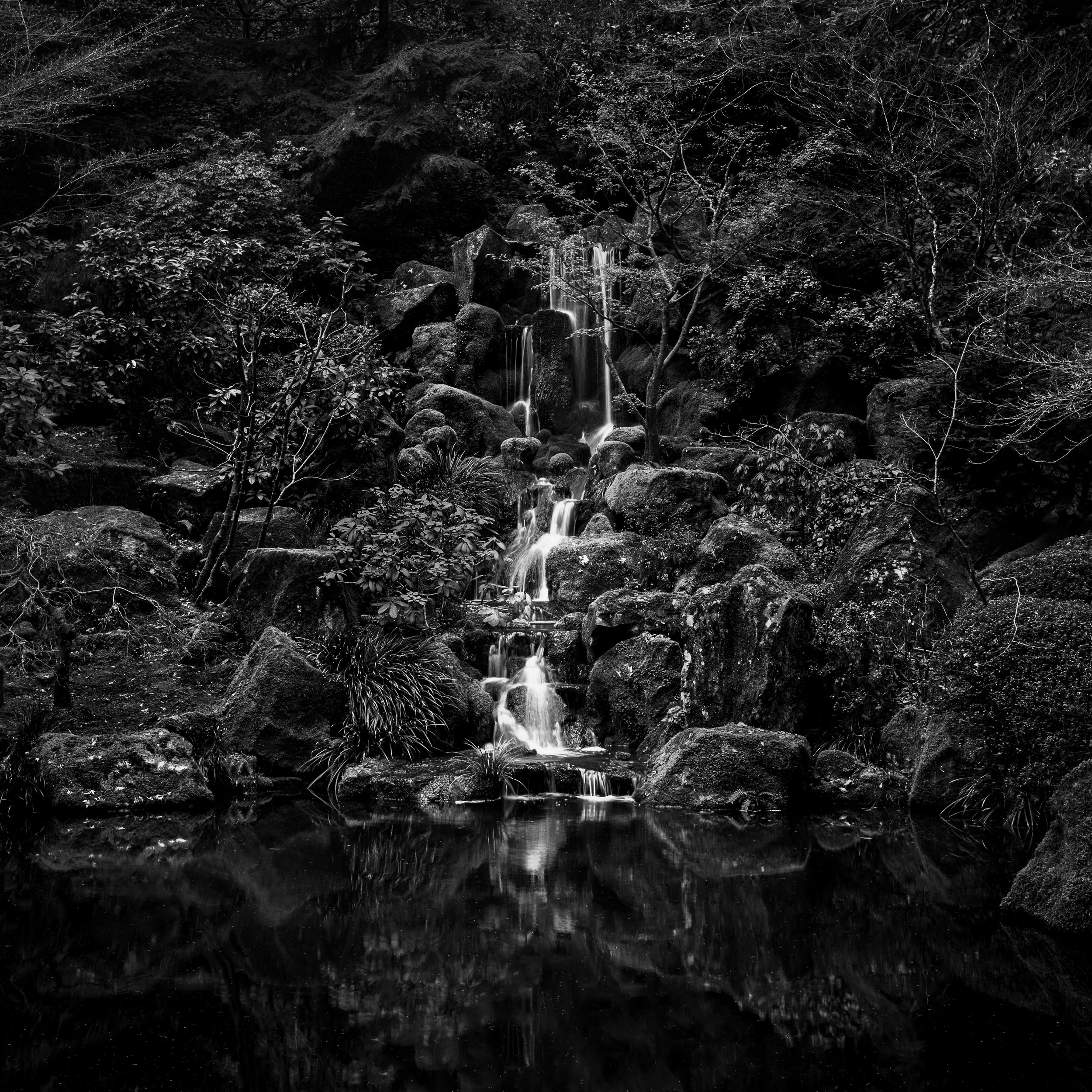 Portland japanese garden black white pond waterfall zen peaceful calm