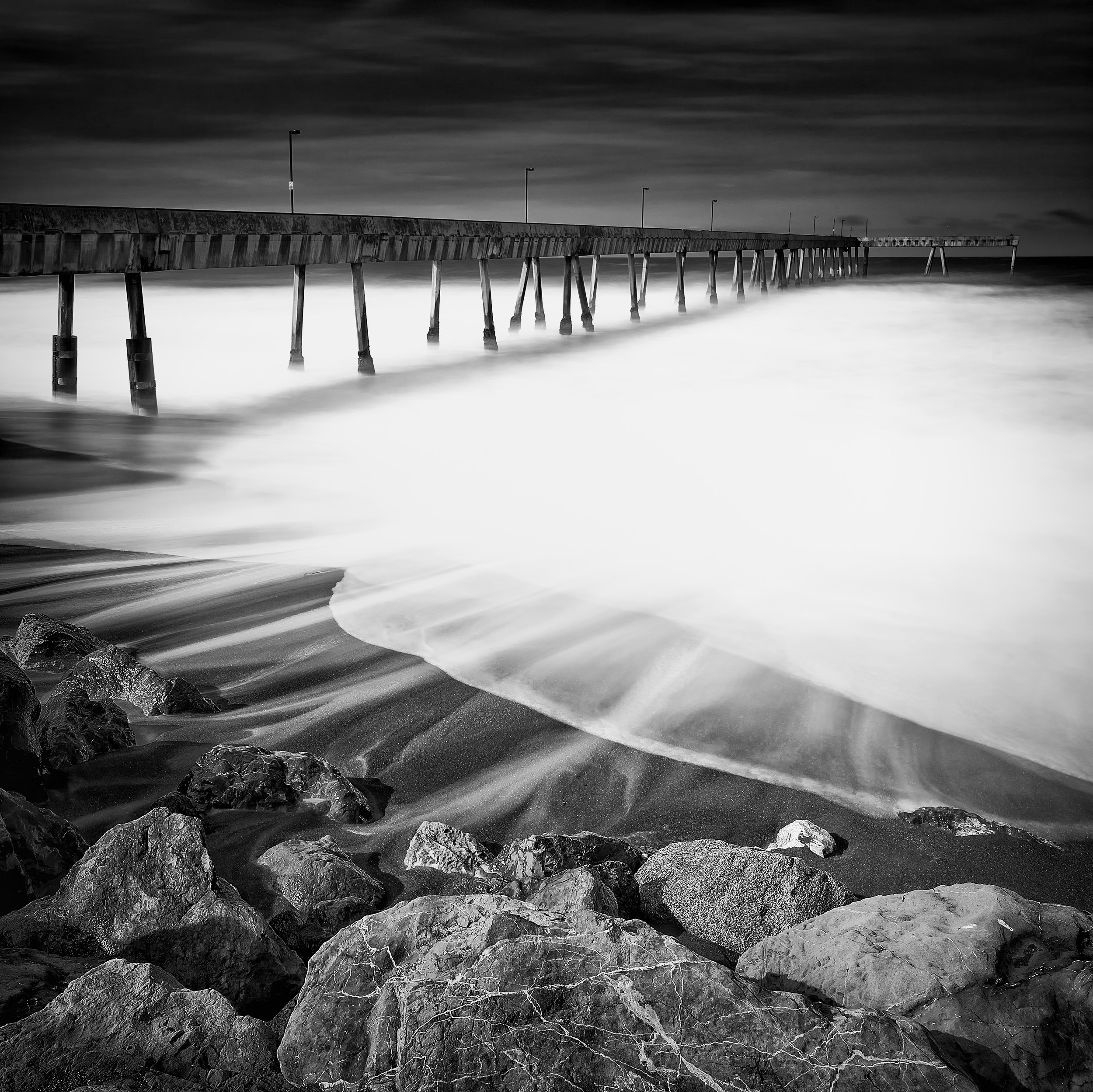 Pacifica black white pier beach wash waves