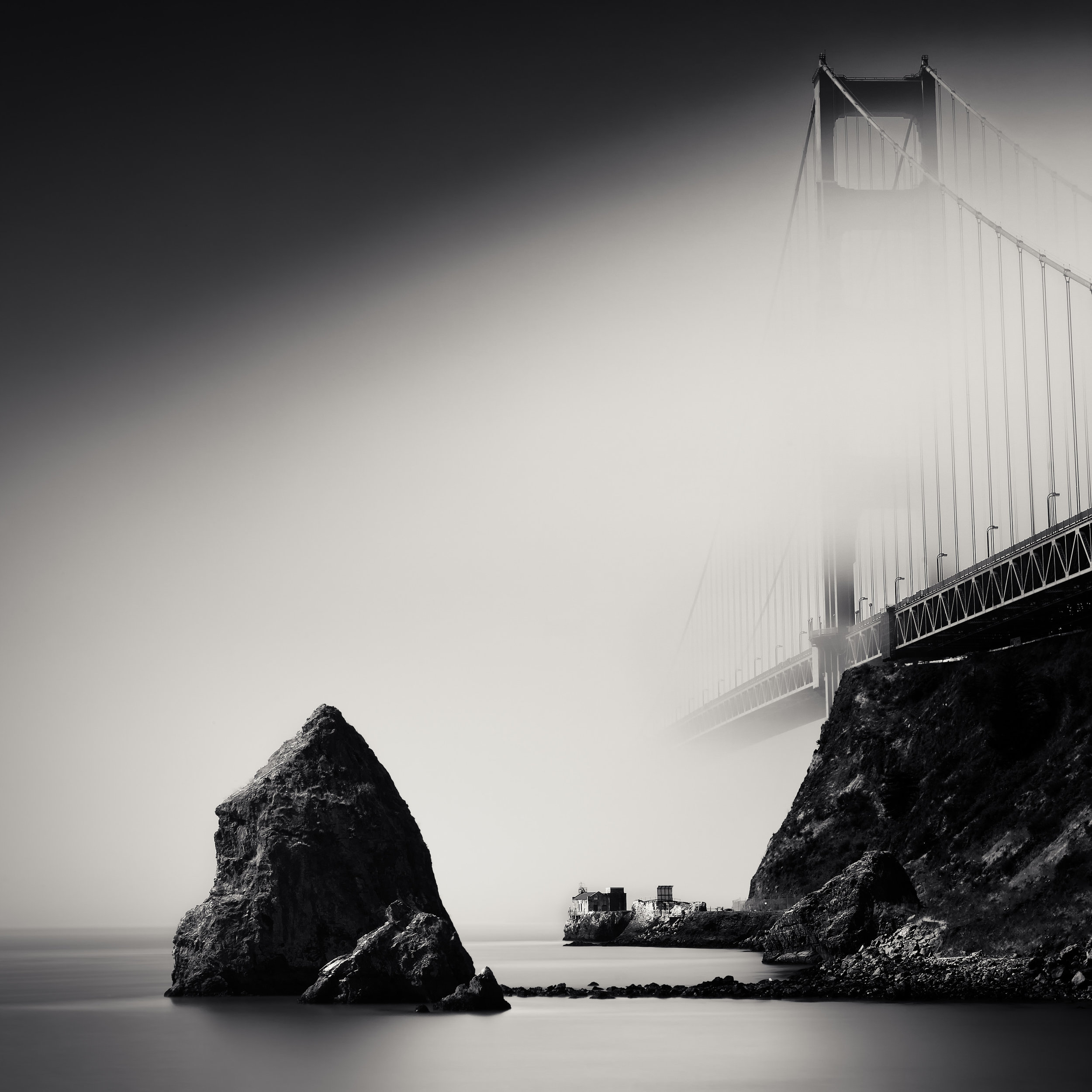 Sausalito black white fort baker golden gate bridge fog mist rocks