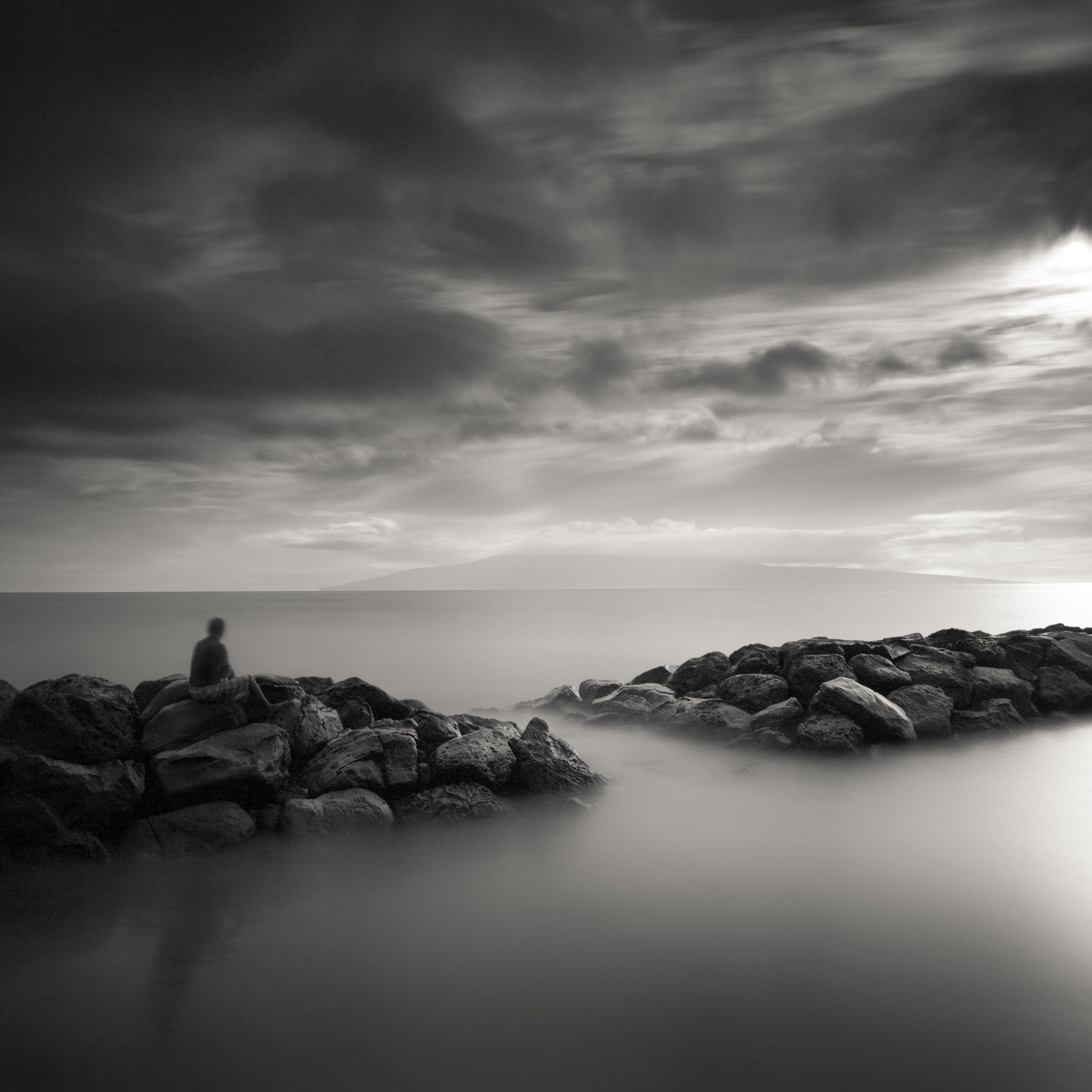 Maui Lahaina black white children pool shelter lanai lone figure contemplation longing