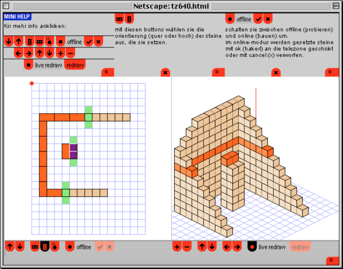 TeleZone was a collaborativ telerobotic installation and game on display in the Ars Electronica Center from 1999 on. A robot at the ars electronica center acted as "interface" between real and virtual space. Representing the user, it arranged and sticked together the building blocks on theTeleZone site precisely in accordance with the respective planning input. In 2000, the telezone team won an Award of Distinction at the Prix Ars Electronica in the category ».net«. Learn more about TeleZone at the Prix-Page.