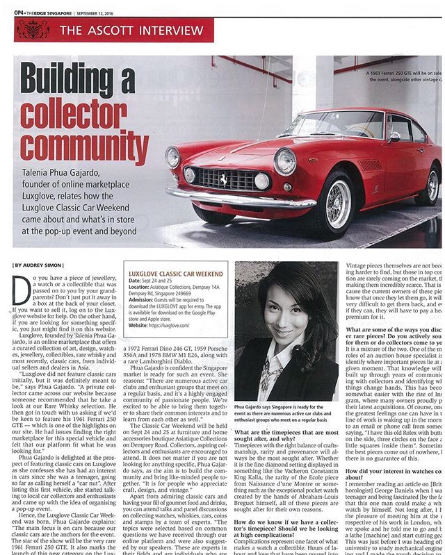 It's all about building the community!! 🙌🏻❣Thank you to @theedge_sg for amazing cover story of our upcoming @luxglove #ClassicCar Weekend! #TheEdgeOptions #Luxglove #lxgclassiccars #prancinghorse #carlovers #petrolheads #250GTE #pininfarina @asiatiquecollections #dempsey @mercurysocial #mercury