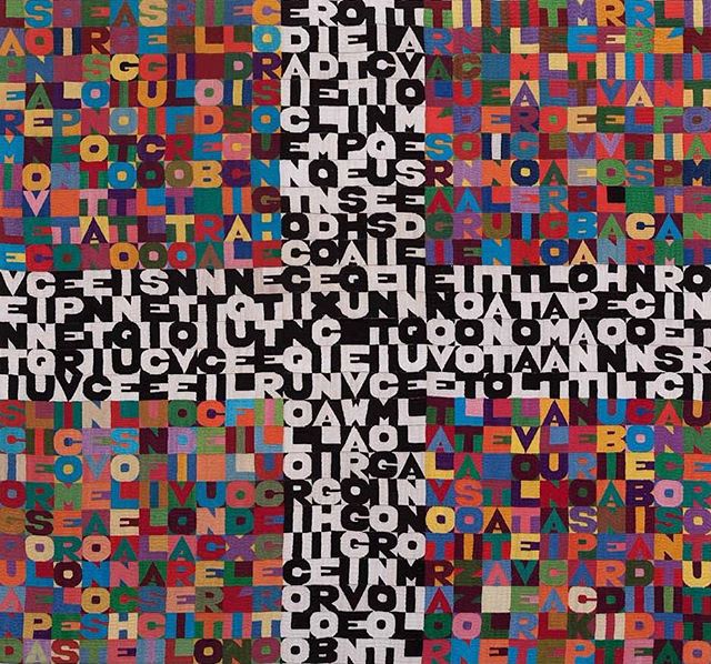 CLOSE DETAILSINSTALLATION VIEW 'OGGI VENTICINQUESIMO GIORNO OTTAVO MESE DELL ANNO MILLE NOVE 100 OTTANTOTTO ALL AMATO PANTHEON INCONTRI E SCONTRI', #1988, #Embroidery on fabric, 40 1/2 x 43 1/2 inches (102.9 x 110.5 cm), #AlighieroBoetti / “First of all I prefer thought. This is the basic thing. I really think manual skill is secondary. . . . It’s taking things from reality. Everything, however small and humble, always has a beginning and stems from reality.”