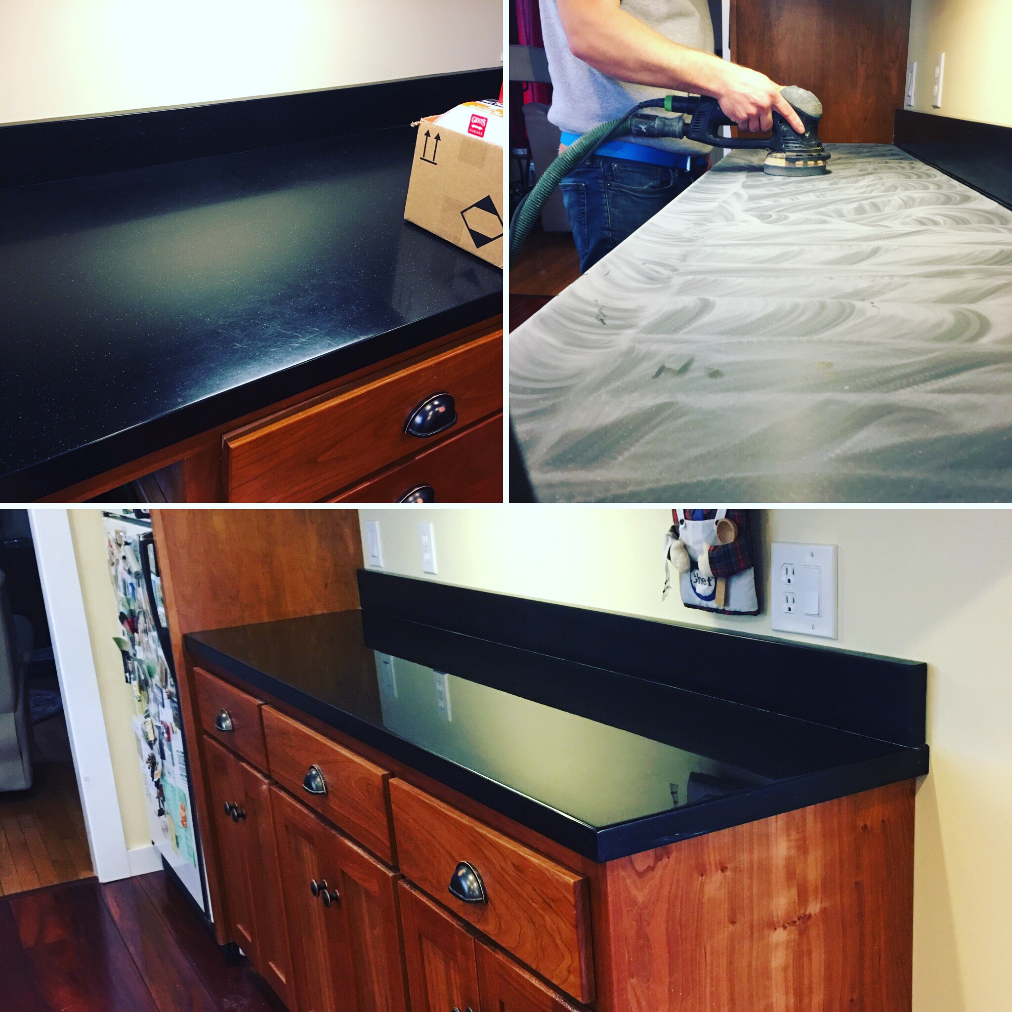  Corian refinish. Went from a dull matte sheen to a high gloss mirror sheen. &nbsp; 