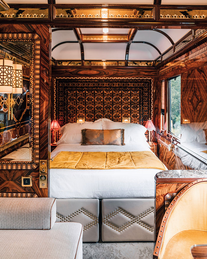 There are three grand suites on the Venice Simplon-Orient-Express, each designed to reflect the spirit of the city they are named after; this suite is the Istanbul.