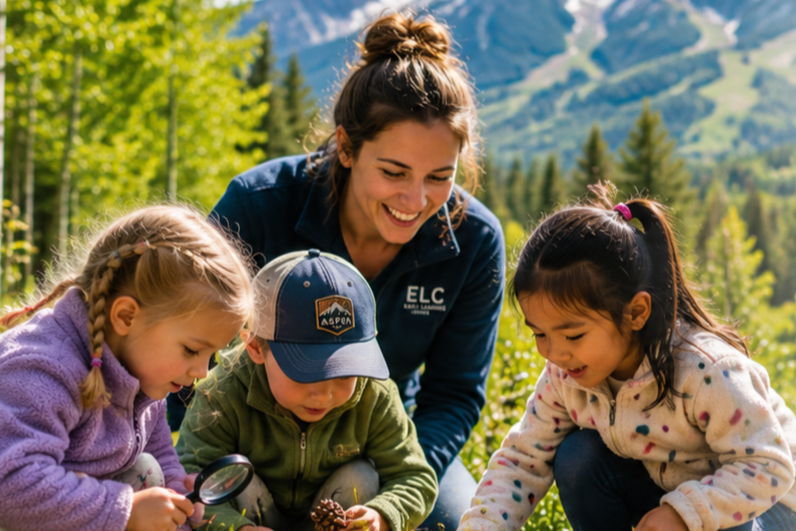 STAFF PERSON WTIH THREE CHILDREN LOOKING AT A PINECONE THROUGH A MAGNIFYING GLASS