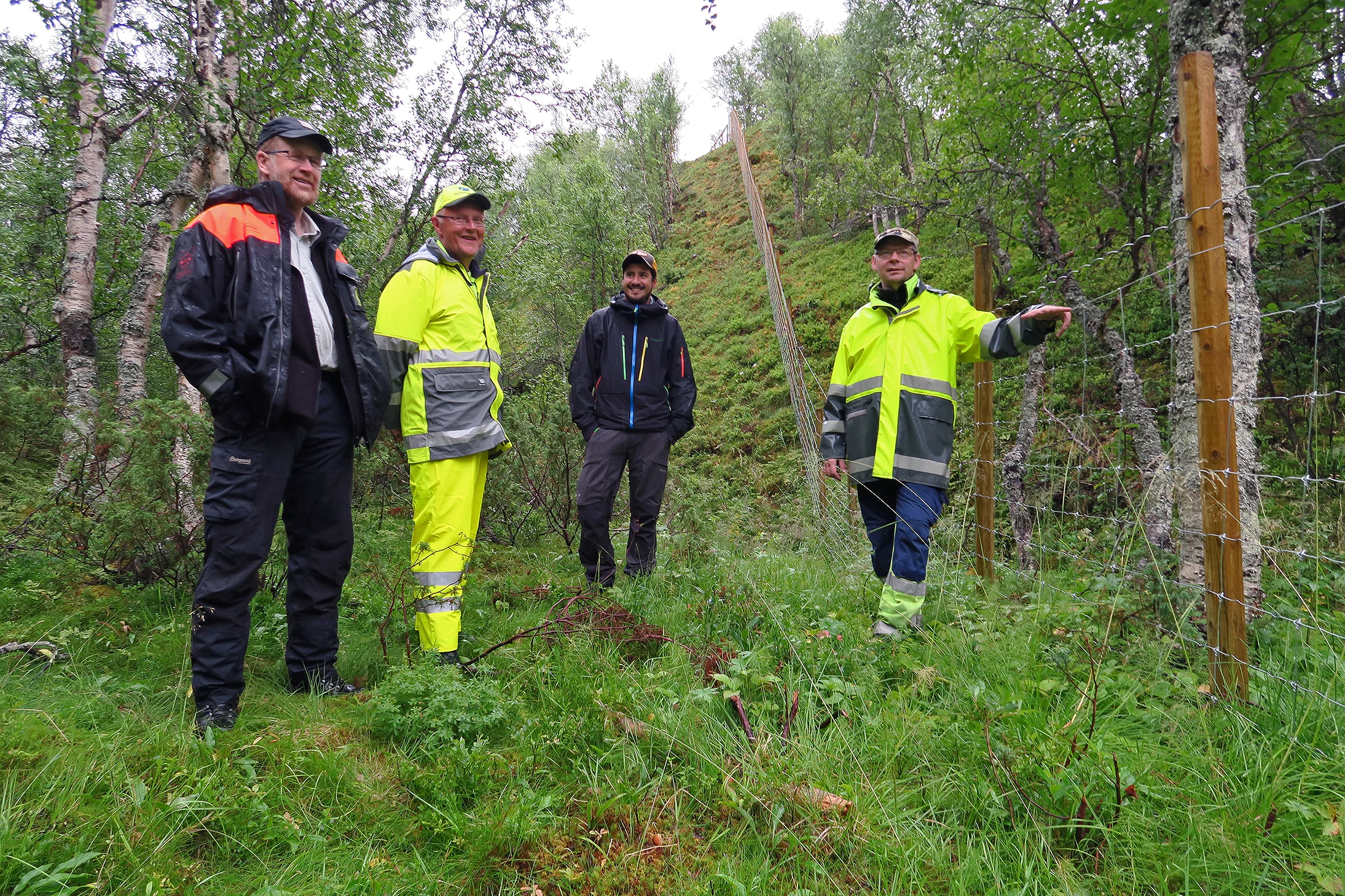 Sperregjerdet fra Glåmos til Vongraven i Ålen er på plass langs jernbanelinja. I dag var det sluttbefaring. Fra venstre Terje Borgos, sekretær i villreinutvalget, Jan Einar Moseng, prosjektleder i Jernbaneverket, Ole-Jakob Kvalshaug, rådgiver i reindriftsavdelingen hos Fylkesmannen i Sør-Trøndelag og Mikkel Eira i Norskog. Sistnevnte har satt opp sperregjerdet. Foto: A. Nyaas