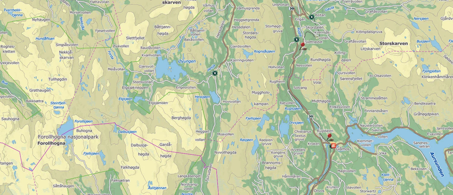 Med sperregjerdet på plass er det berettiget håp om å sette ei effektiv sperre for tamreinovergang østfra og inn i Forollhogna-området. Kart: Finn.no