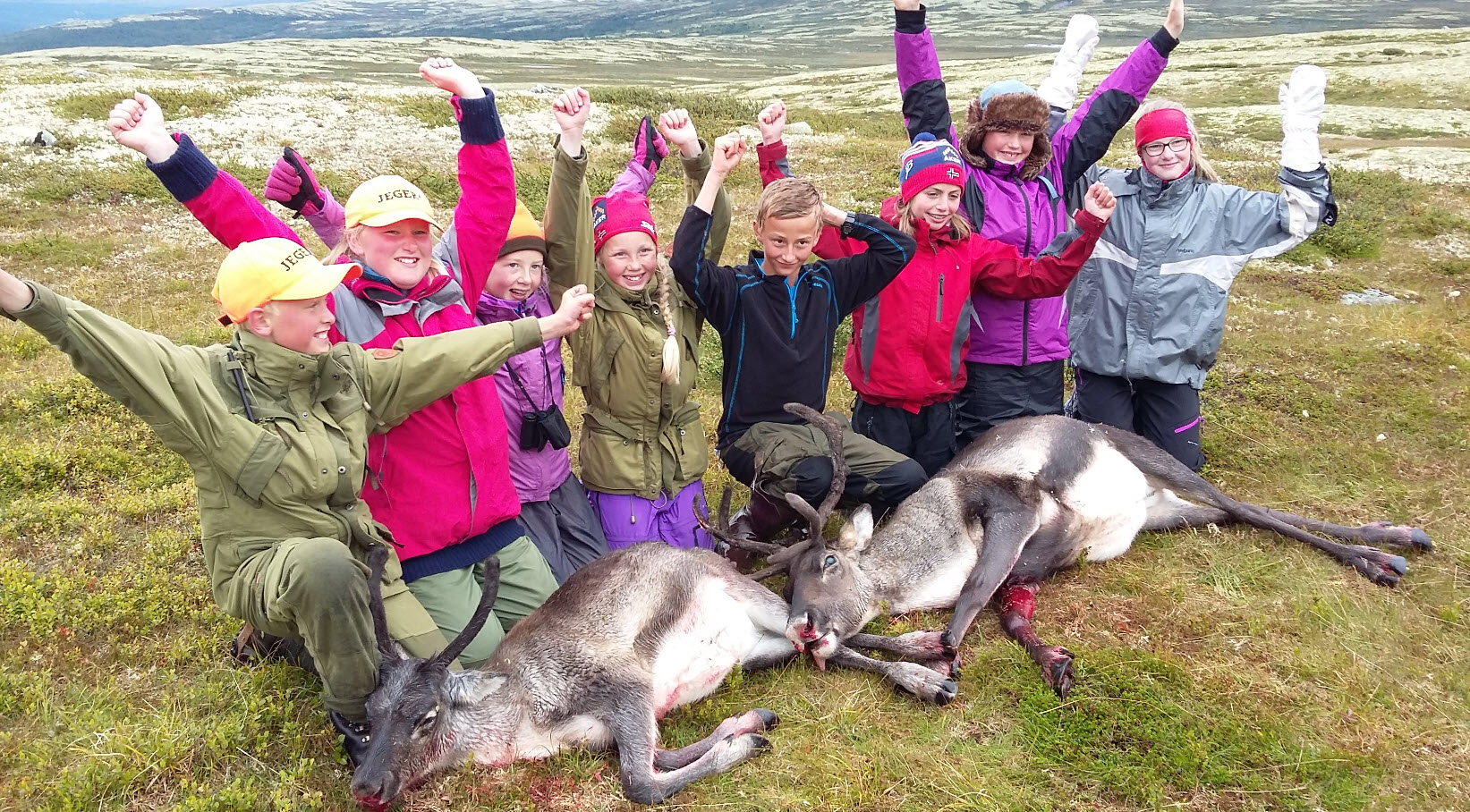 "Sender et par bilder fra reinsjakta til 7. klasse I går. En stor dag på Storhøgda med mye rein, flere sjanser, mye spenning og til slutt felling. Vi ble til og med kontrollert av jaktoppsyn Hans Iver Kojedal". Foto: Vegar Lillebakken
