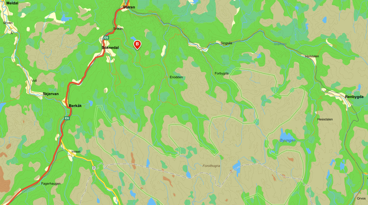 Nordhauka forsamlingshus i Soknedal er årsmøtestedet i år. Kart: Gule Sider