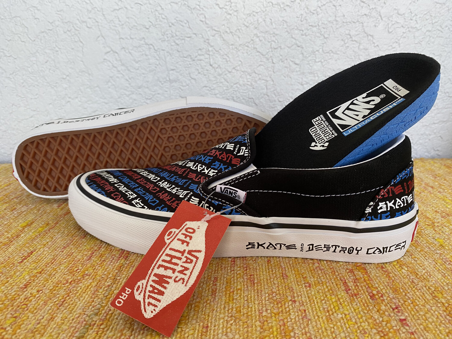 Suburb Pedagogy Municipalities VANS PRO SKATE “SKATE AND DESTROY CANCER” SLIP-ON SHOES WITH ULTRACUSH  INSOLE plus DURACAP — GrindForLife.org