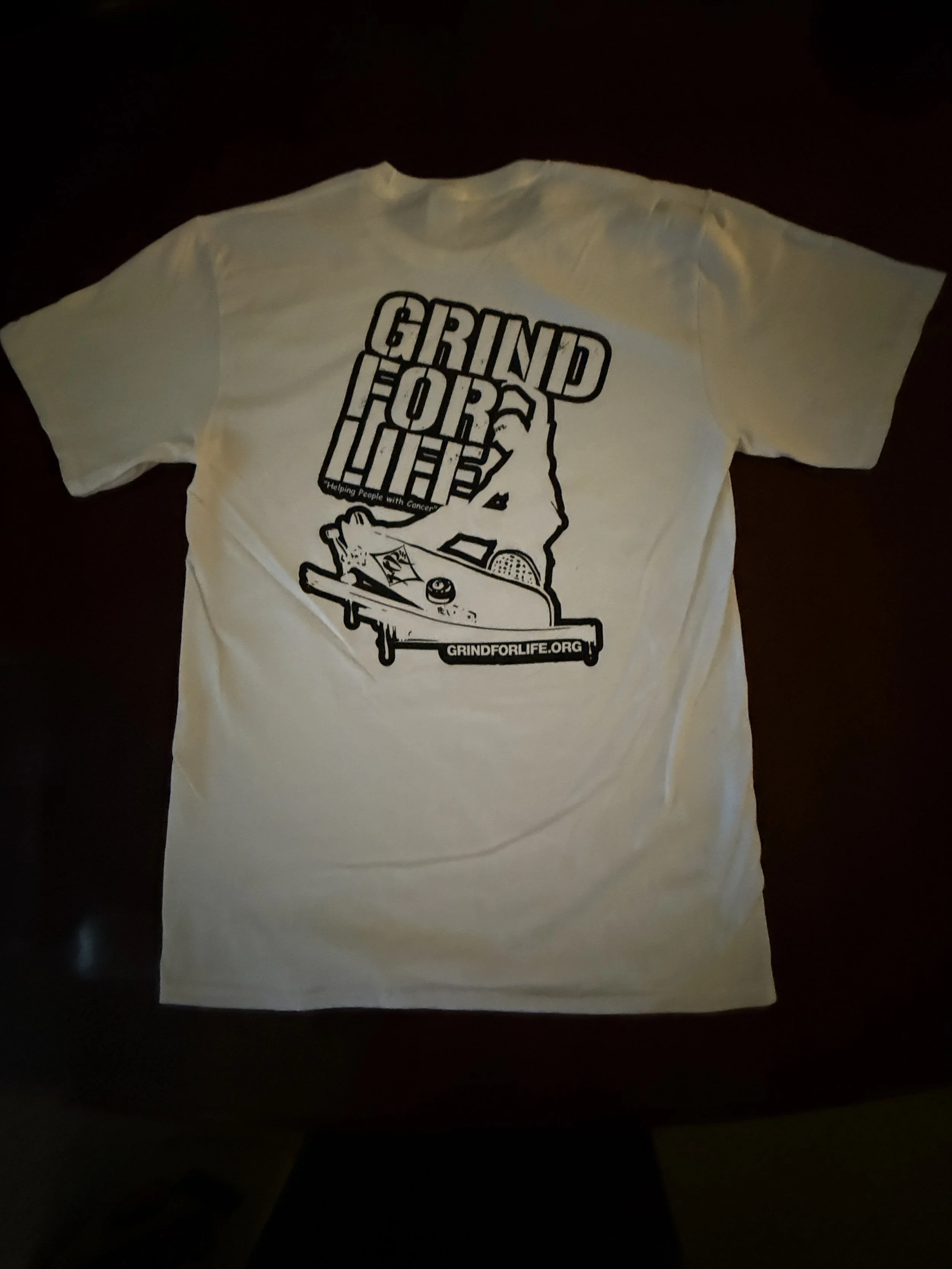 Men's and Woman's White Grind For Life T-Shirt - Skate and Destroy Cancer - Skateboarder Logo