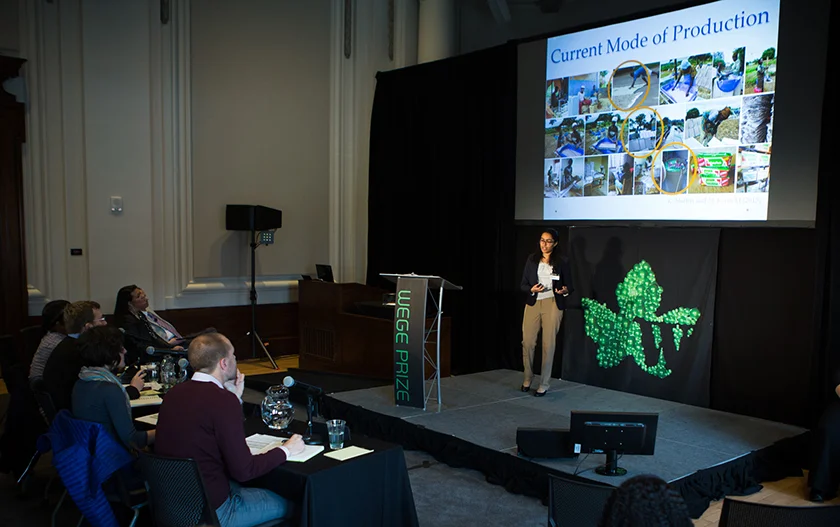 Yarlagadda presenting her team's solution at the Wege Prize 2016 Awards