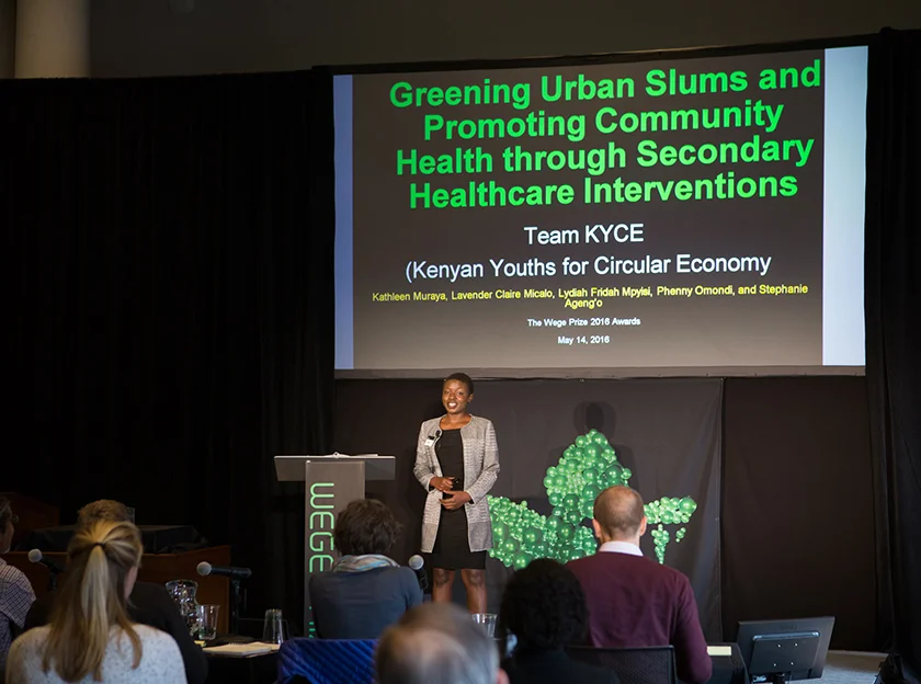 Mpyisi presenting her team's solution at the Wege Prize 2016 Awards