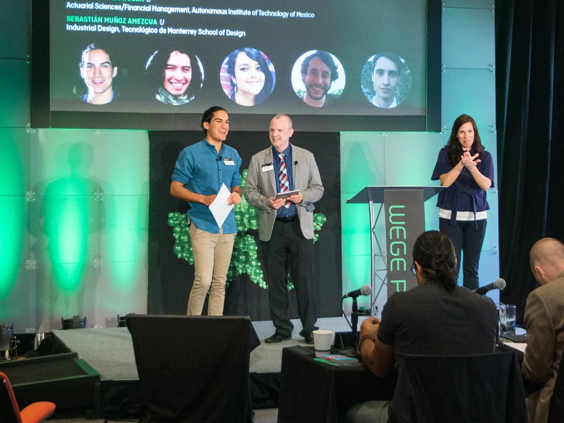 Emiliano Iturriaga (left) of Circular Tourism Mexico representing his team at the Wege Prize 2018 Final Presentation and Awards Event