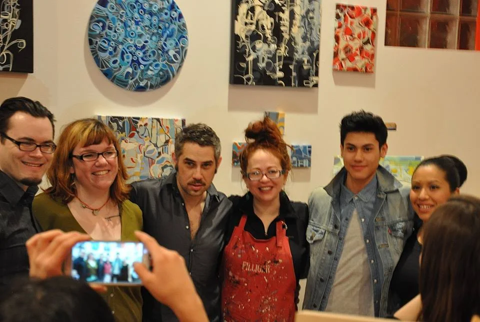 The artists - Mark Molitor, yours truly, Ian Sherwin, Rebecca Moy (that's her work behind us), Sergio Farfan & Anna Dominguez (photo © Diane Soubly; not pictured Steve Casino and Cristy C. Corso )