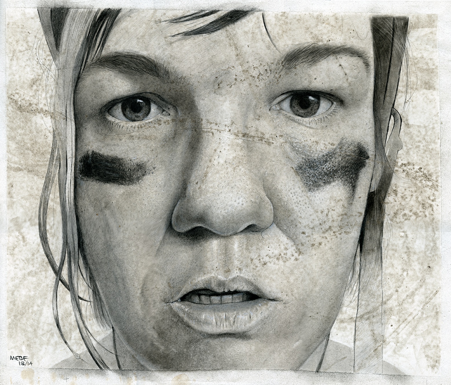 My roller derby self-portrait, 2014, carbon dust & roller skate dirt.