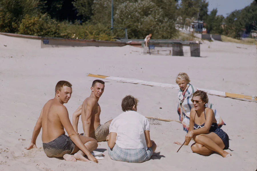 Dad, Great Uncle Henry (?), back-turned person, Grandma Marjorie, and Aunt Margie. (1956)