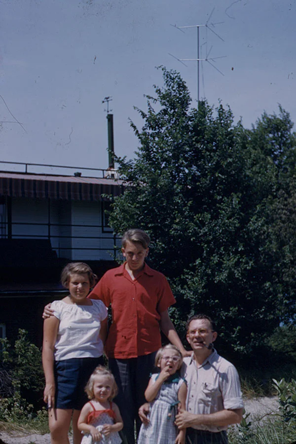 Fam at the beach house: Judy, Margie, Dad, Jeanne, and Grandpa Fred. (1953)