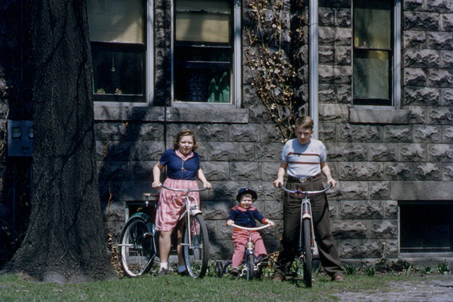 New bikes: Aunts Judy, Jeanne, and Dad. (1952)