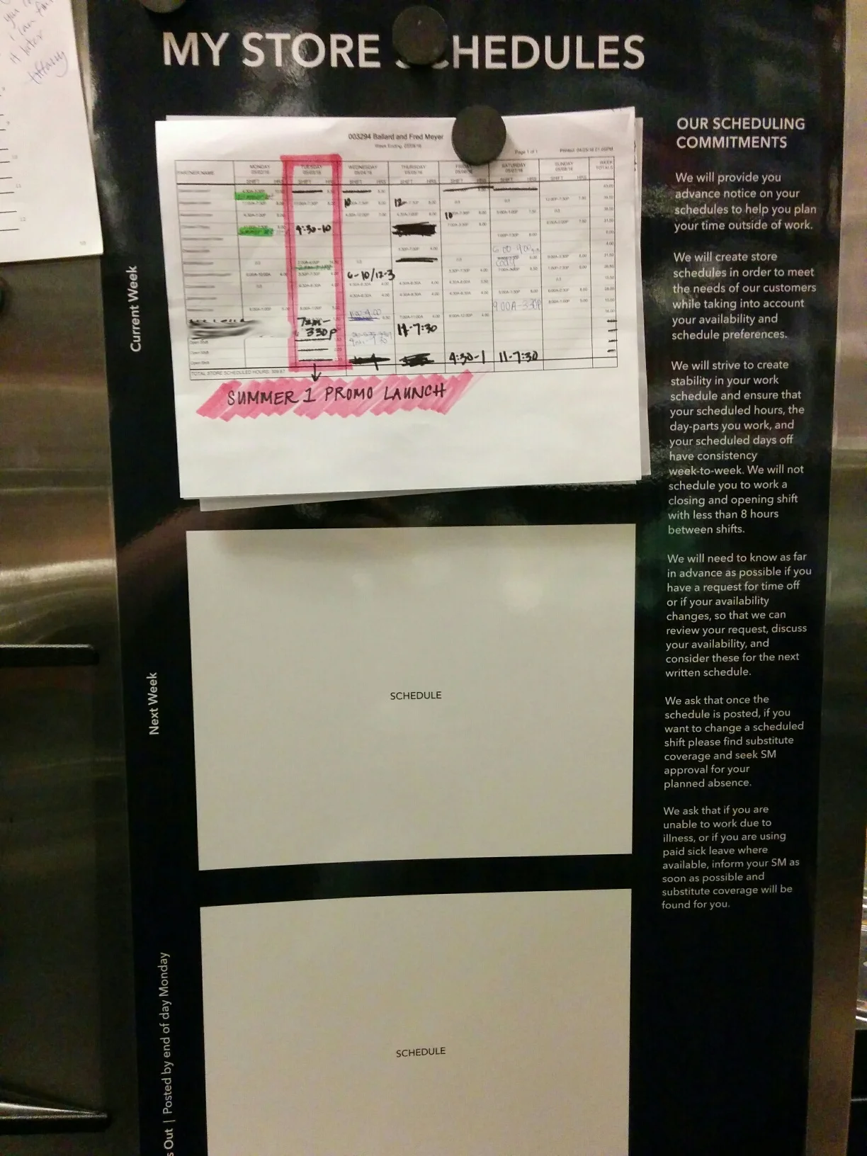 It takes a little squinting, but it looks like this was printed 4/25 for the week beginning 5/2 — just one week’s notice. And see how many hand-written schedule changes you can count!