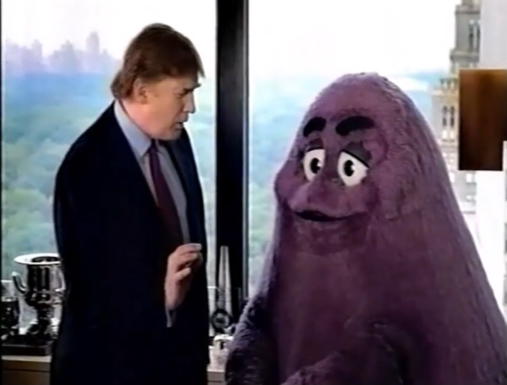 Tag line from this 2002 TV ad : "Together Grimace, we could own this town" .