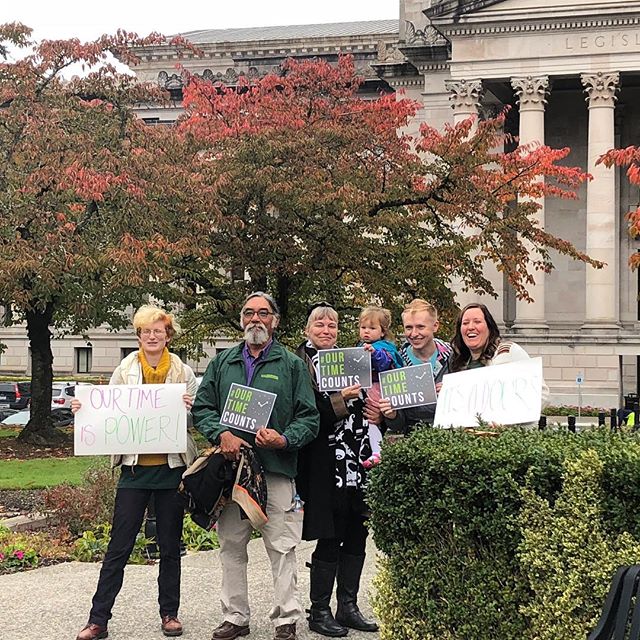 Here&rsquo;s Lindsey, Roy, April, lil Avery, Nick, and Misty, posing after telling their truth to the House Labor Committee about why scheduling matters! 💪🏽 #workerstakeolympia #workerpower #WorkingWA #OurTimeCounts