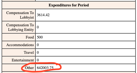 (This is a screenshot from a publicly available expenditure disclosure. Entities that directly and indirectly lobby need to file these. Direct lobbying is defined as costs associated with individuals who are paid to communicate with councilmembers, staff, the executive, or agencies.)