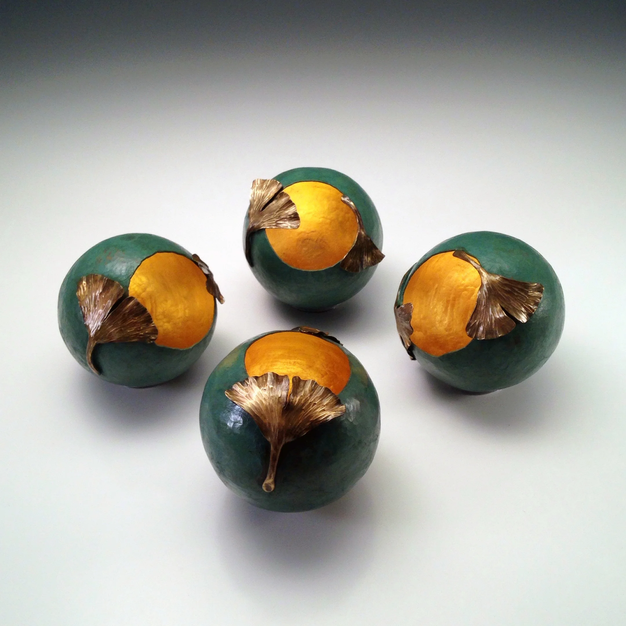 Raised Copper Vessels, "Ginkgo Orbs I - IV with Patina"