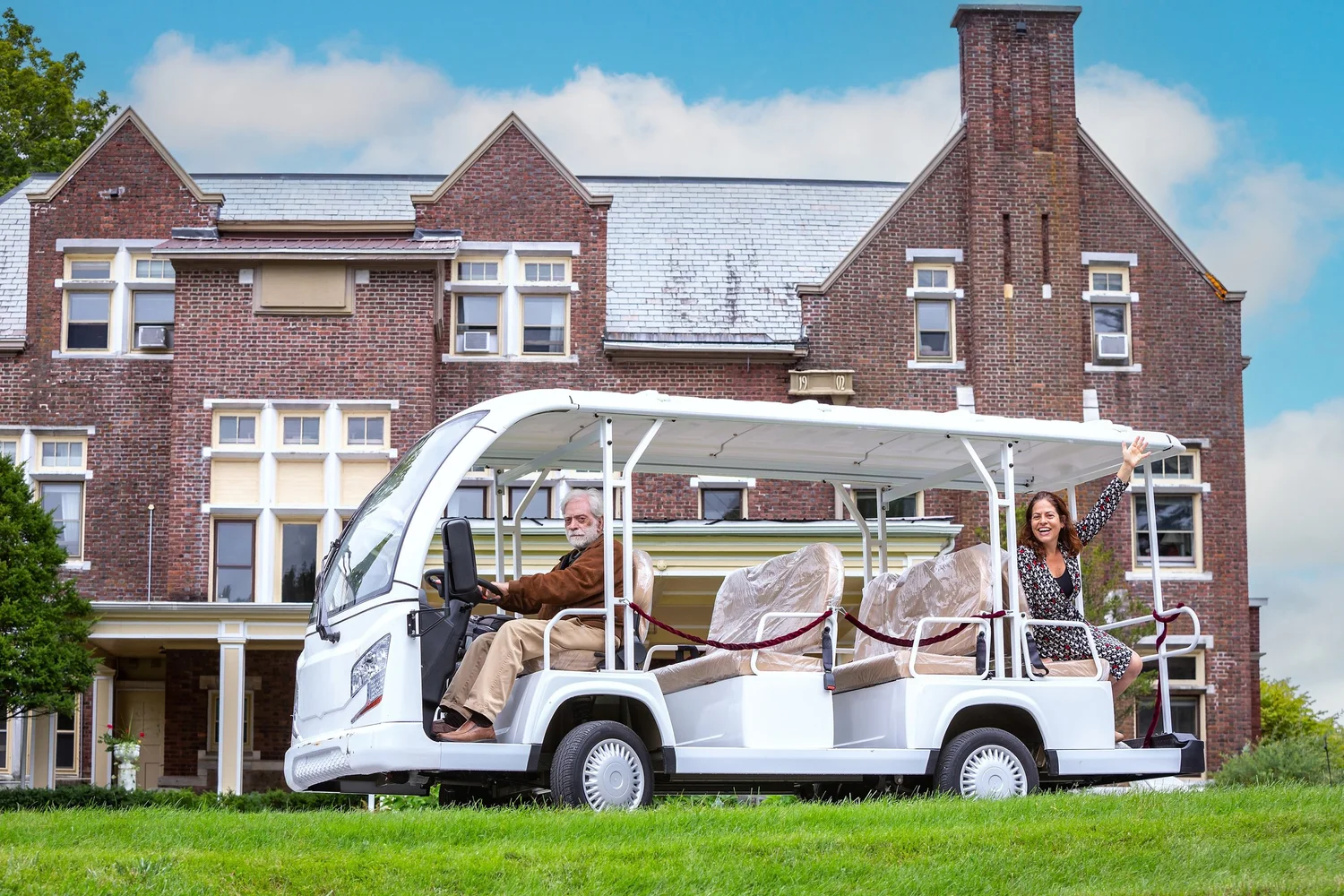 a couple of people in a vehicle