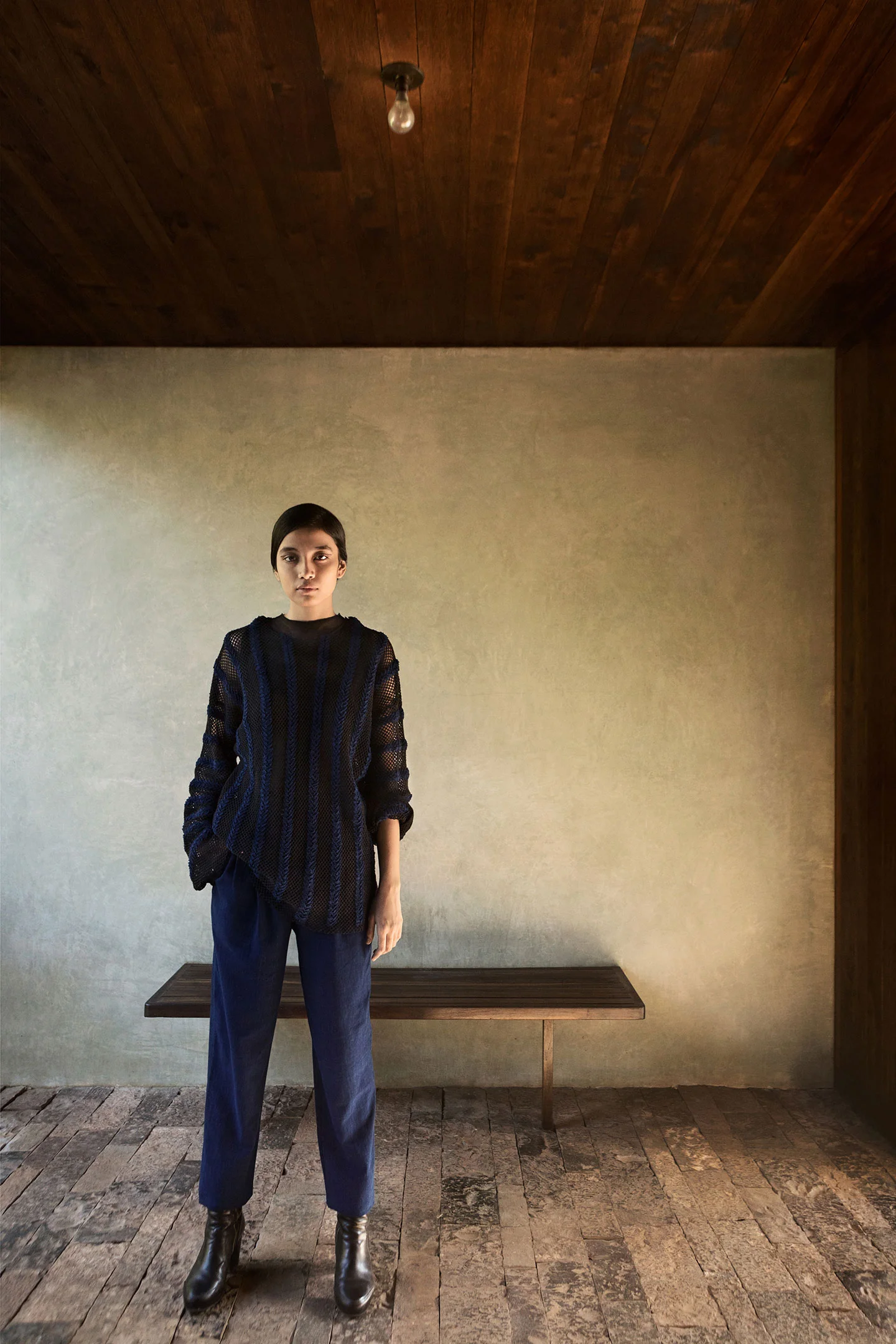 Braided Mesh Sweater & Neel Pleat Pant in handwoven indigo khadi cotton