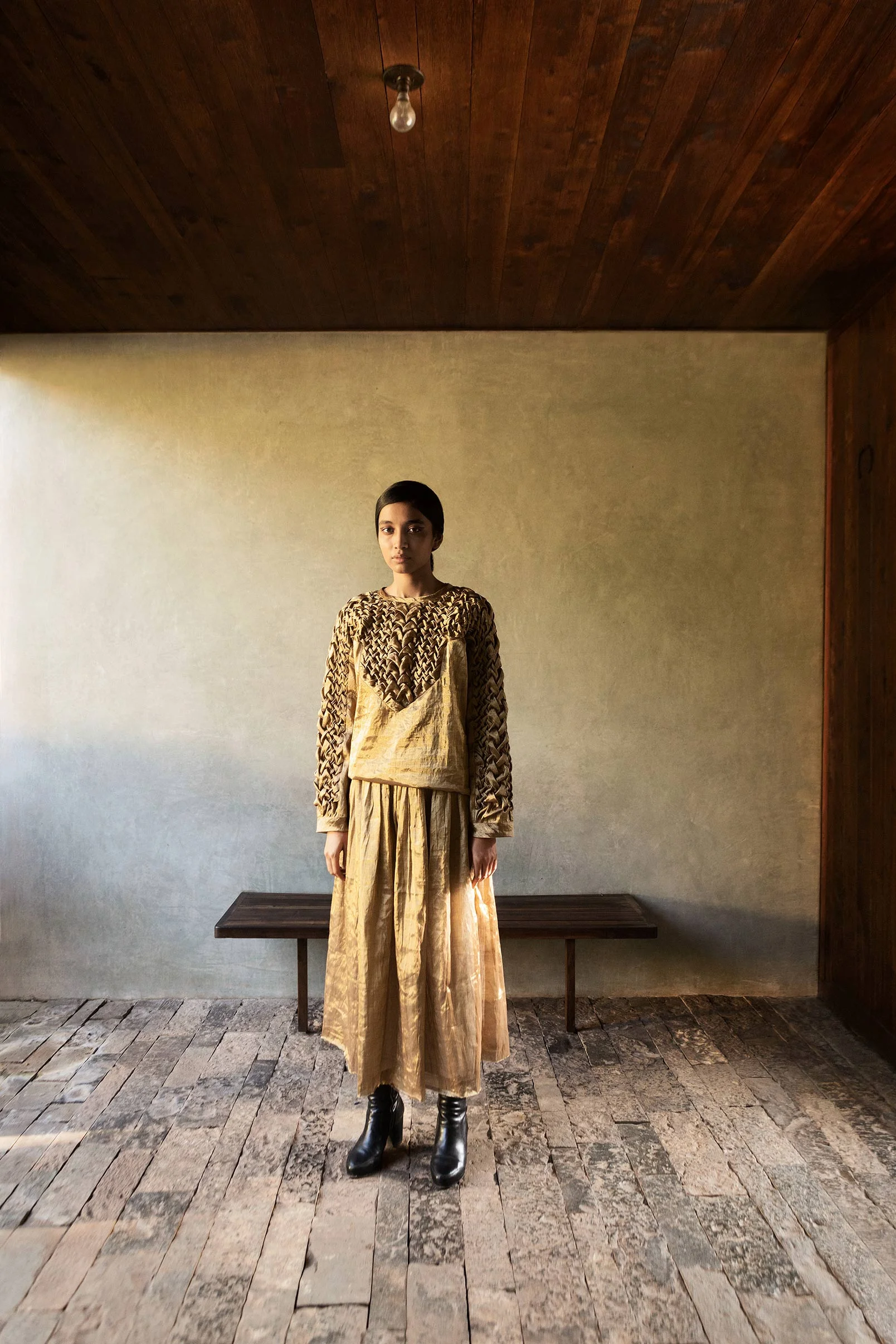 Gilt Smocked Jumper & Gilt Skirt in handwoven cotton-zari Chanderi tissue