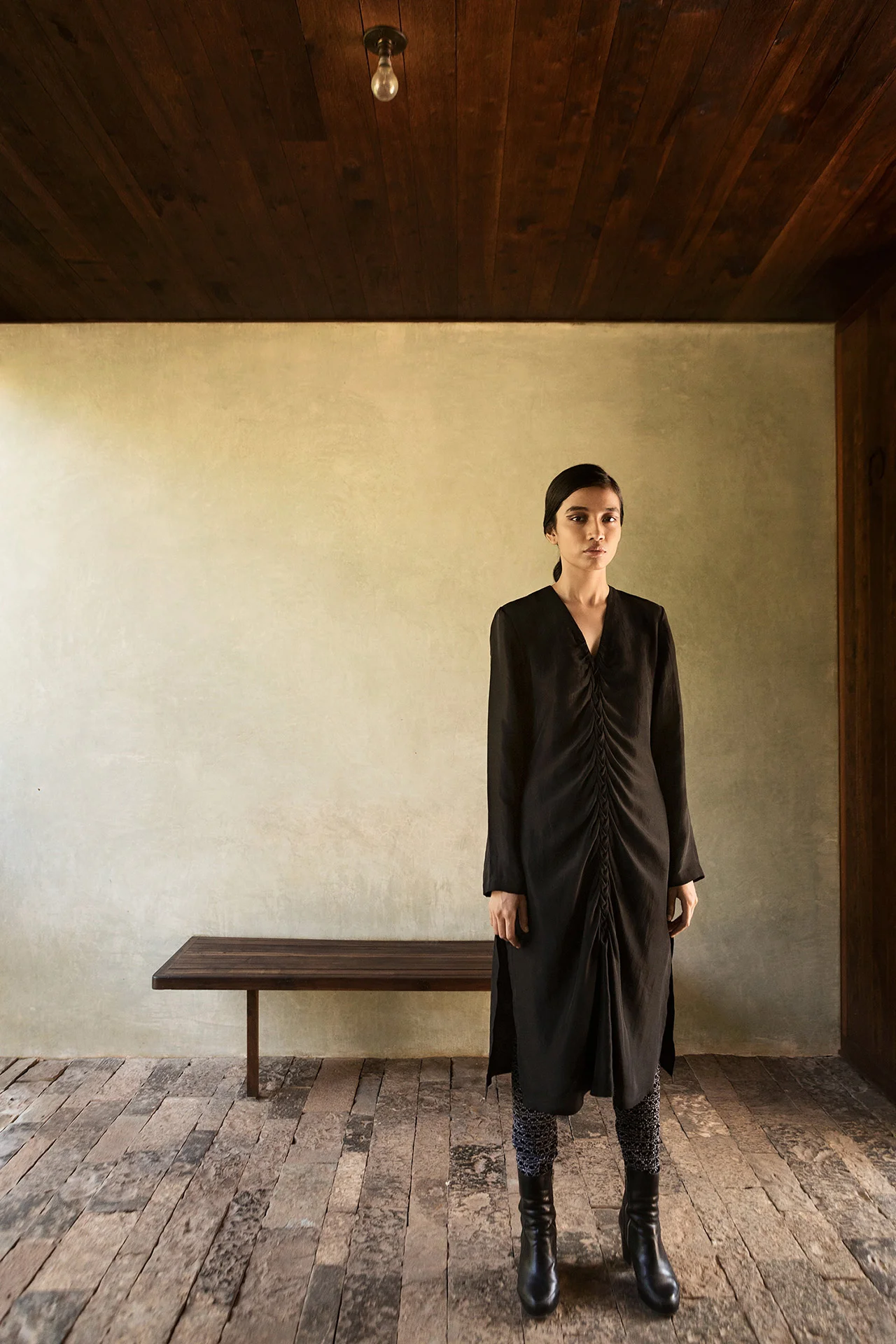 V Braided Kurta in silk habutai & Leher Shirred Churidar in cotton
