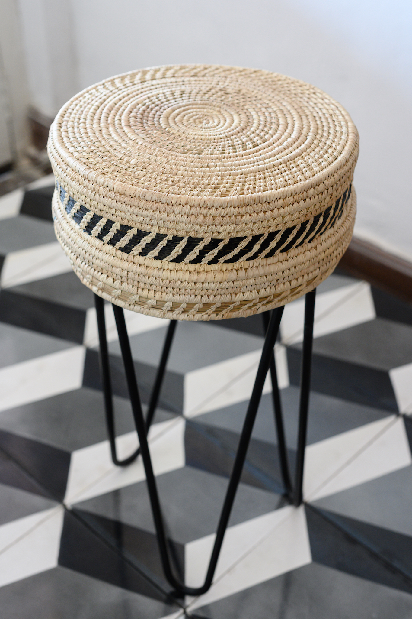 Pio Coffrant, 'Sabai Grass Stool' 2018; Senthil Kumar & Jaya Kumar 'Athangudi Tiles' 2018