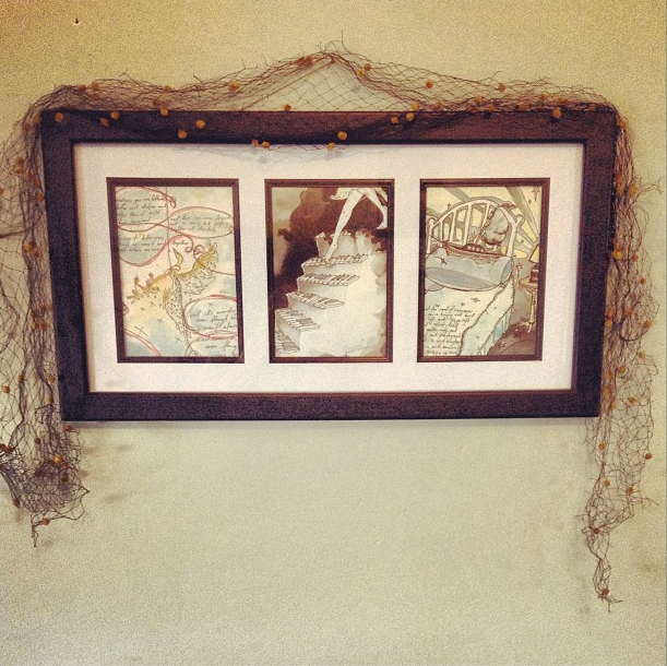 Framed Watercolor triptych of illustrations.