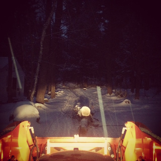 Don't try this at home, kids: Night Logging, in a snowstorm.