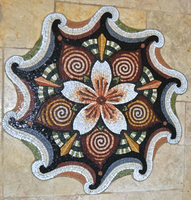 Cherry Blossom Mandala 2012, stone, 32" diameter, commissioned floor mandala private residence-Belmont, CA