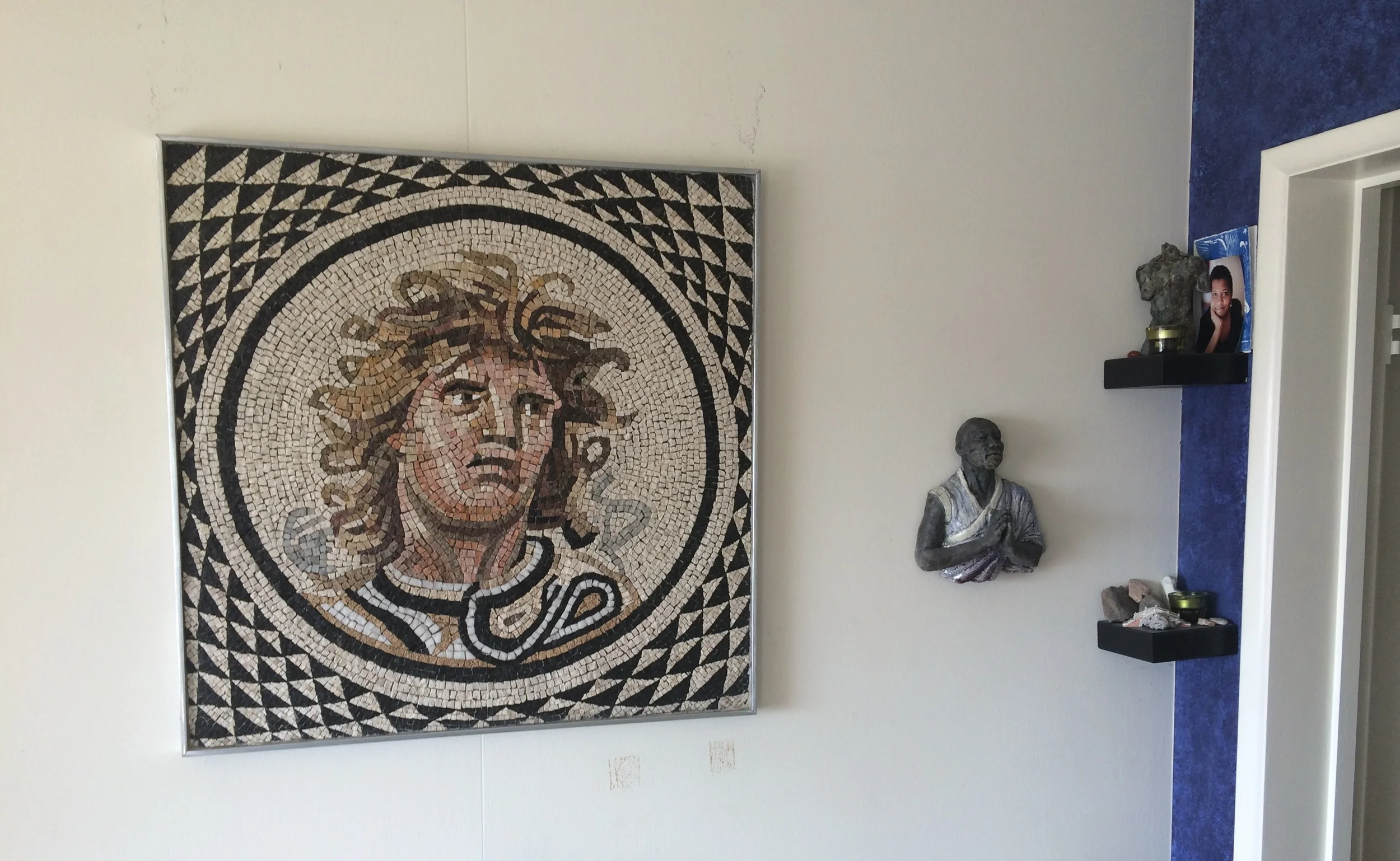 Hellenistic Medusa Reproduction 2010, stone, 32”X32”, reproduction of Roman mosaic circa 115-150 AD $3500