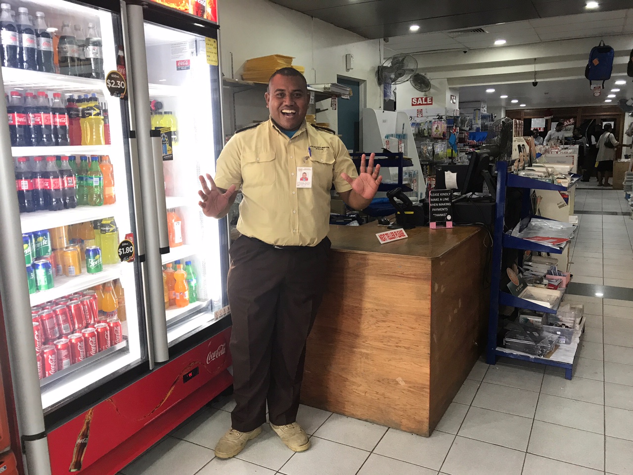 The security guard at the post office. You'll notice that when I take photos of people their mouths are open. This is because instead of cheese, they are saying "Bula!" 