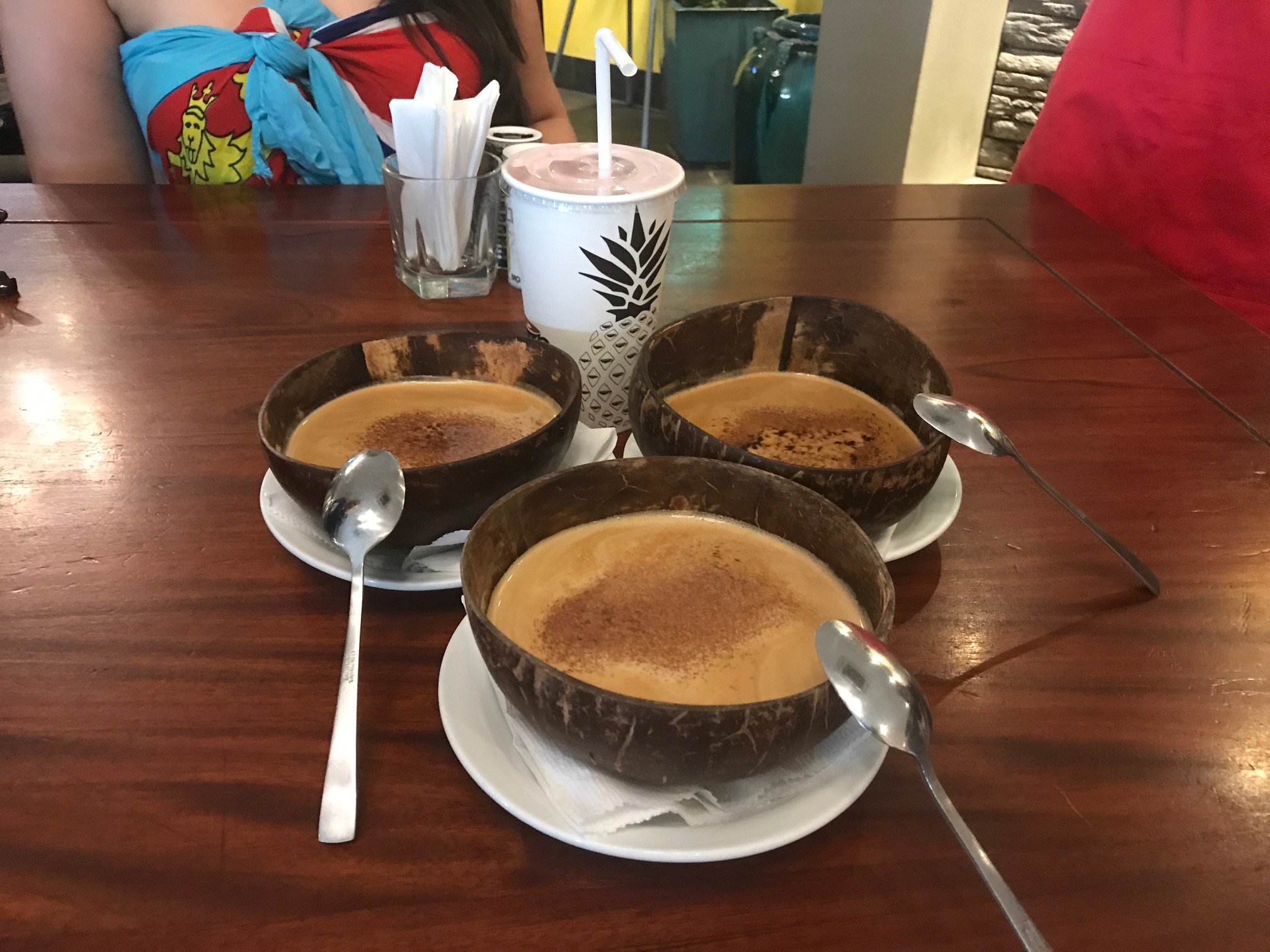 This lovely caffeinated concoction is called a niuccacino! 2 shots of espresso with local coconut milk and coconut cream all poured into an authentic coconut shell. "Niu" (pronounced new) is the Fijian word for coconut, hence "niu"caccino. :)