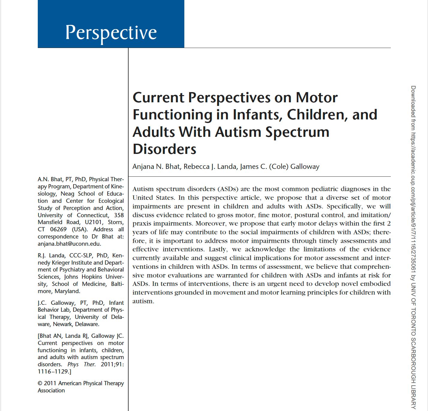 Current Perspectives on Motor Functioning in Infants, Children, and Adults With Autism Spectrum D/o