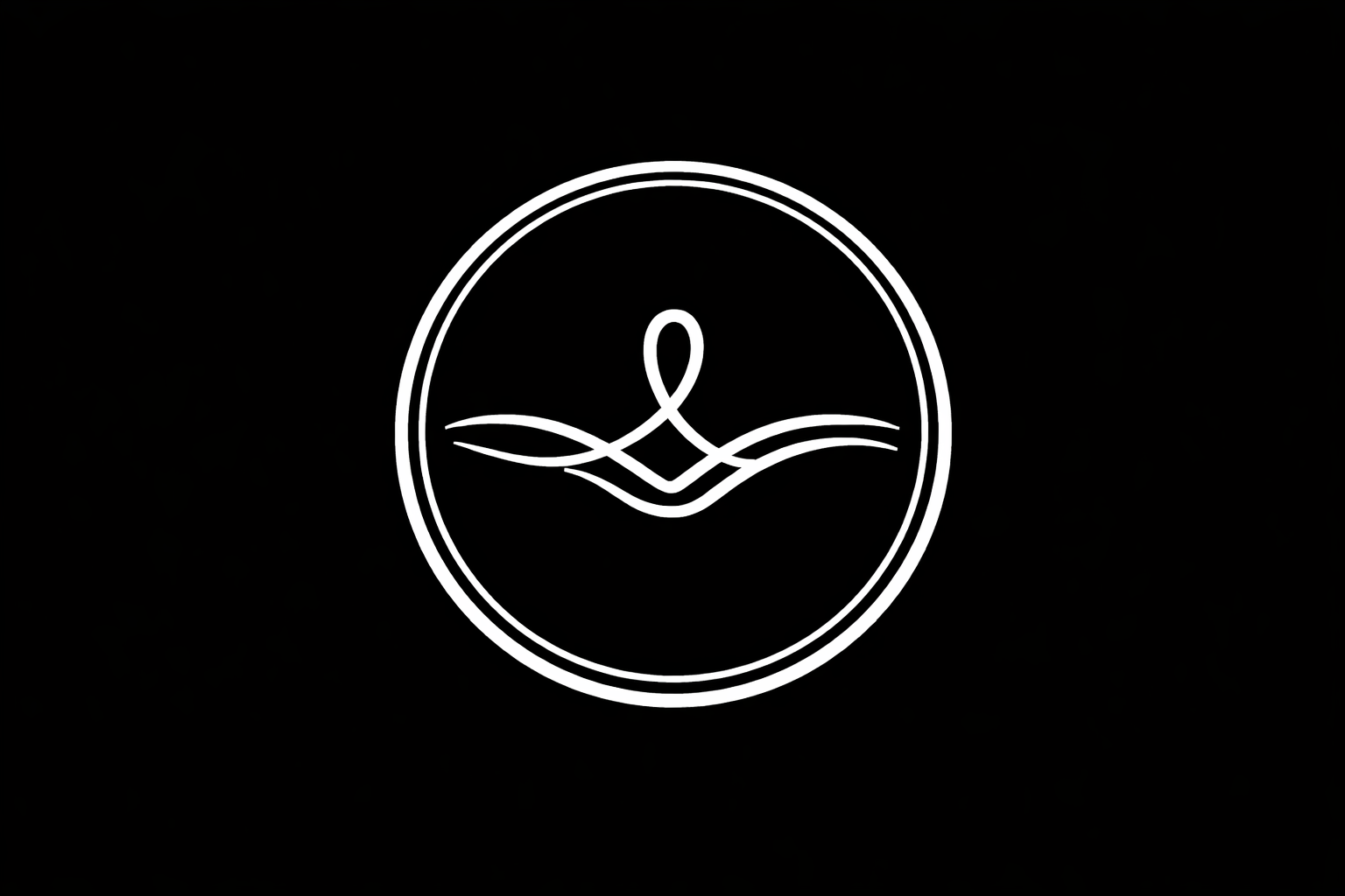 White line illustration of a wave with an infinity symbol in the center, enclosed in a circle, on a black background.