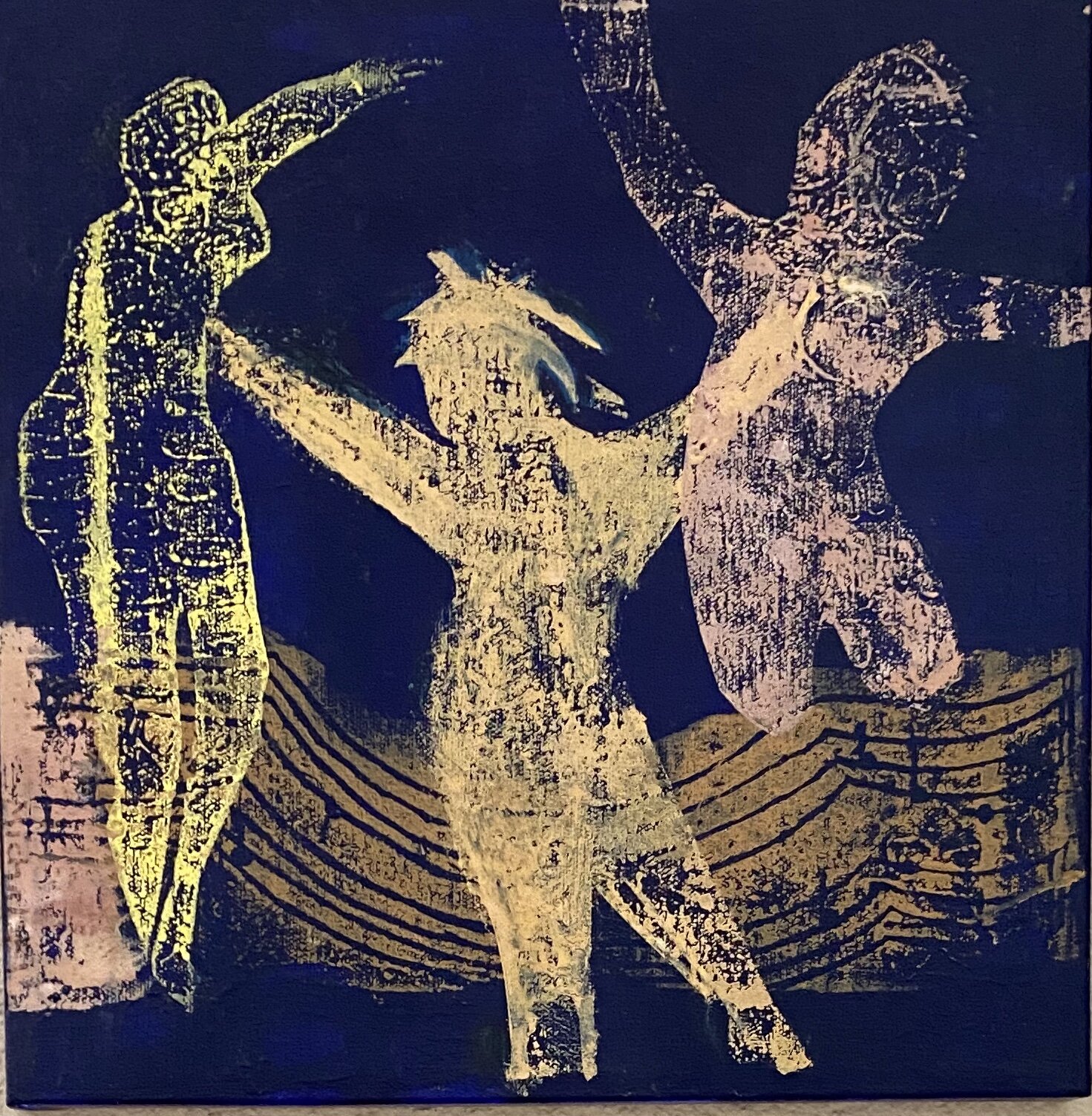 "Dancers", 12 x 12”,  mono print on canvas, $200