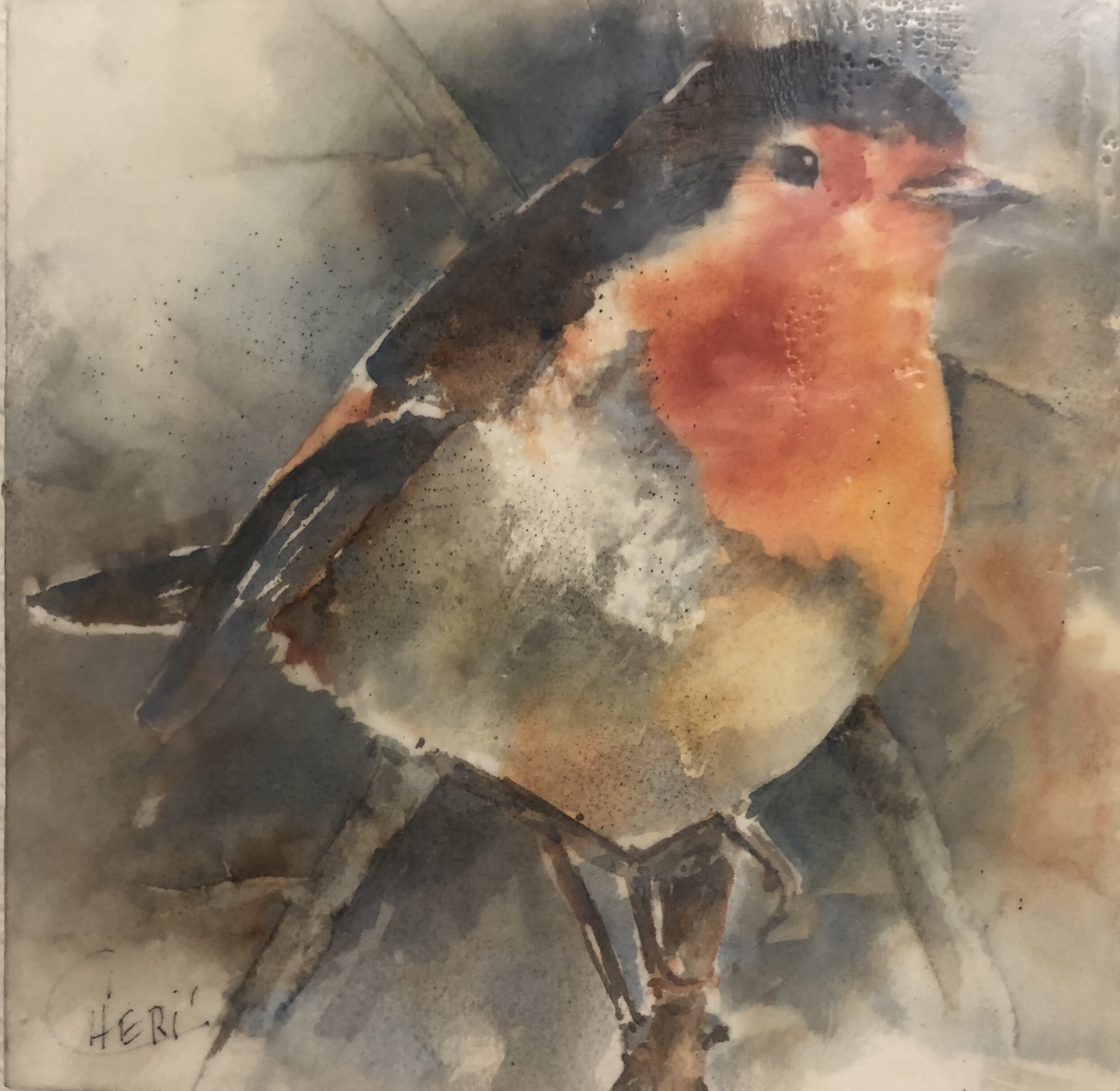 “Perched” 8X8" Watercolor/Encaustic on Panel $155.00